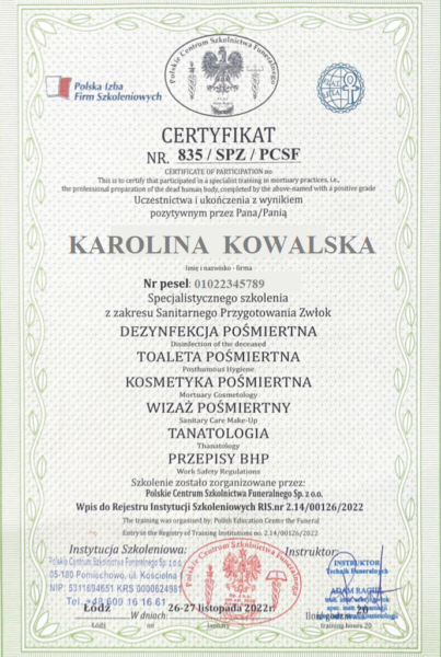 CertyfikatSPZkosmetyka pośmiertna | Szkolenia funeralne | Kursy Pogrzebowe certyfikat szkolenie funerlane
